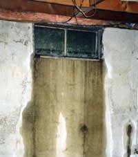 Flooding through basement windows in a Melita home.